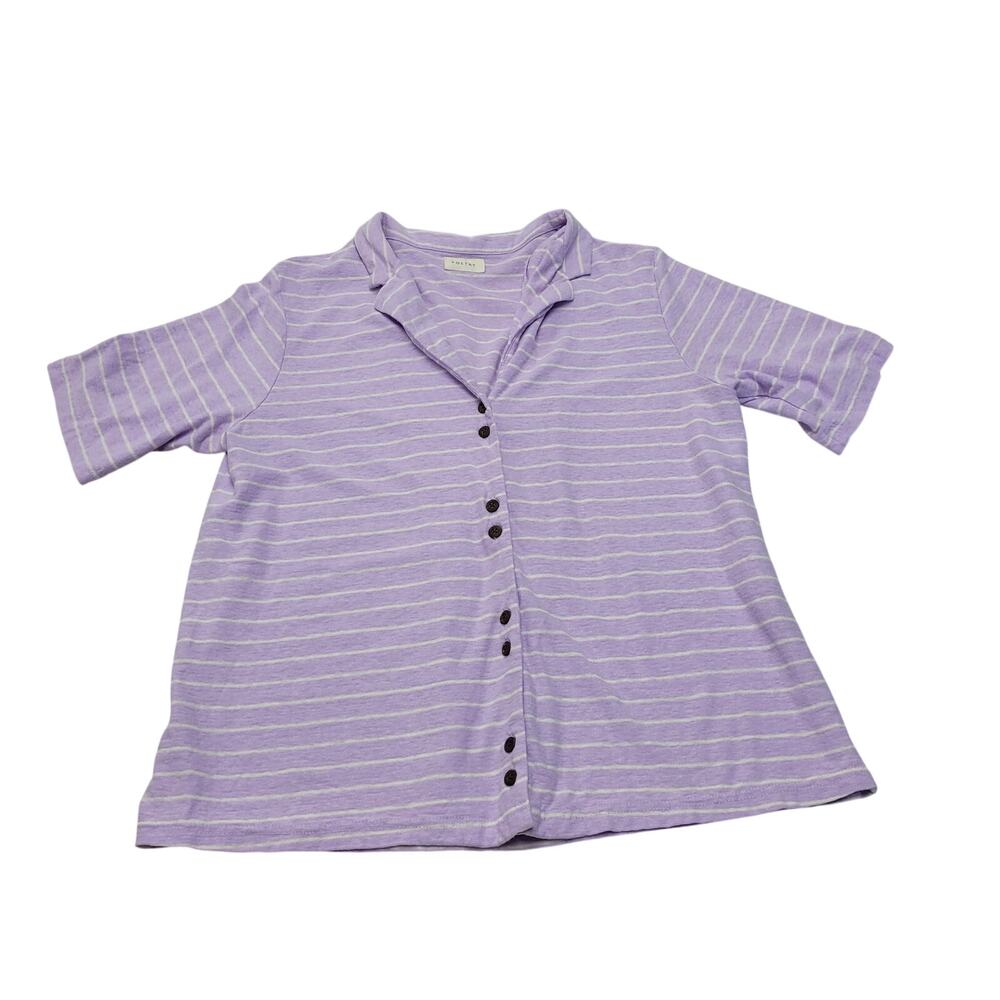 Poetry Hemp organic cotton short sleeve button down top purple striped
